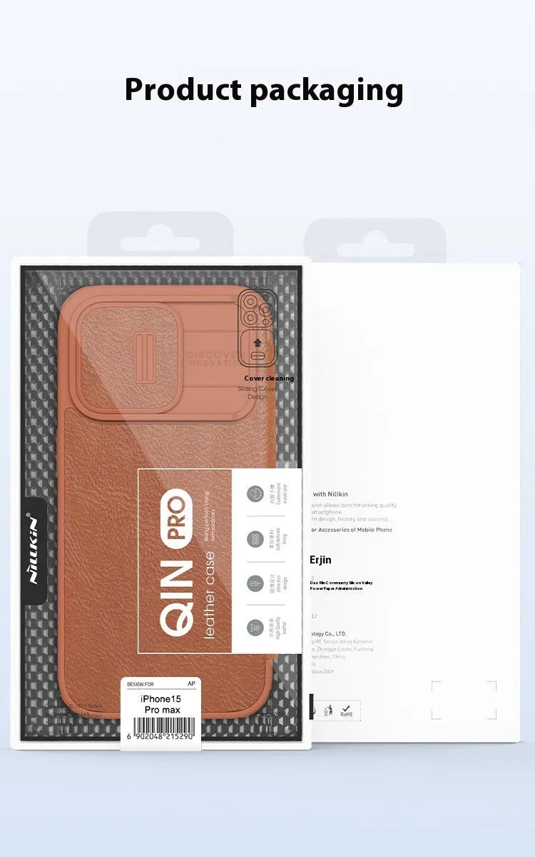 Black imitation leather flip phone case open next to an iPhone.