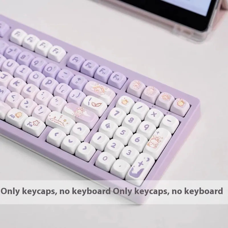 PBT gradient purple keycap set with custom Coeco rabbit illustration for mechanical keyboards.