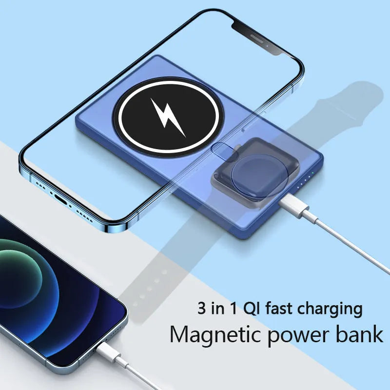 Slim black three-in-one magnetic wireless charging power bank showing USB port and charging surface