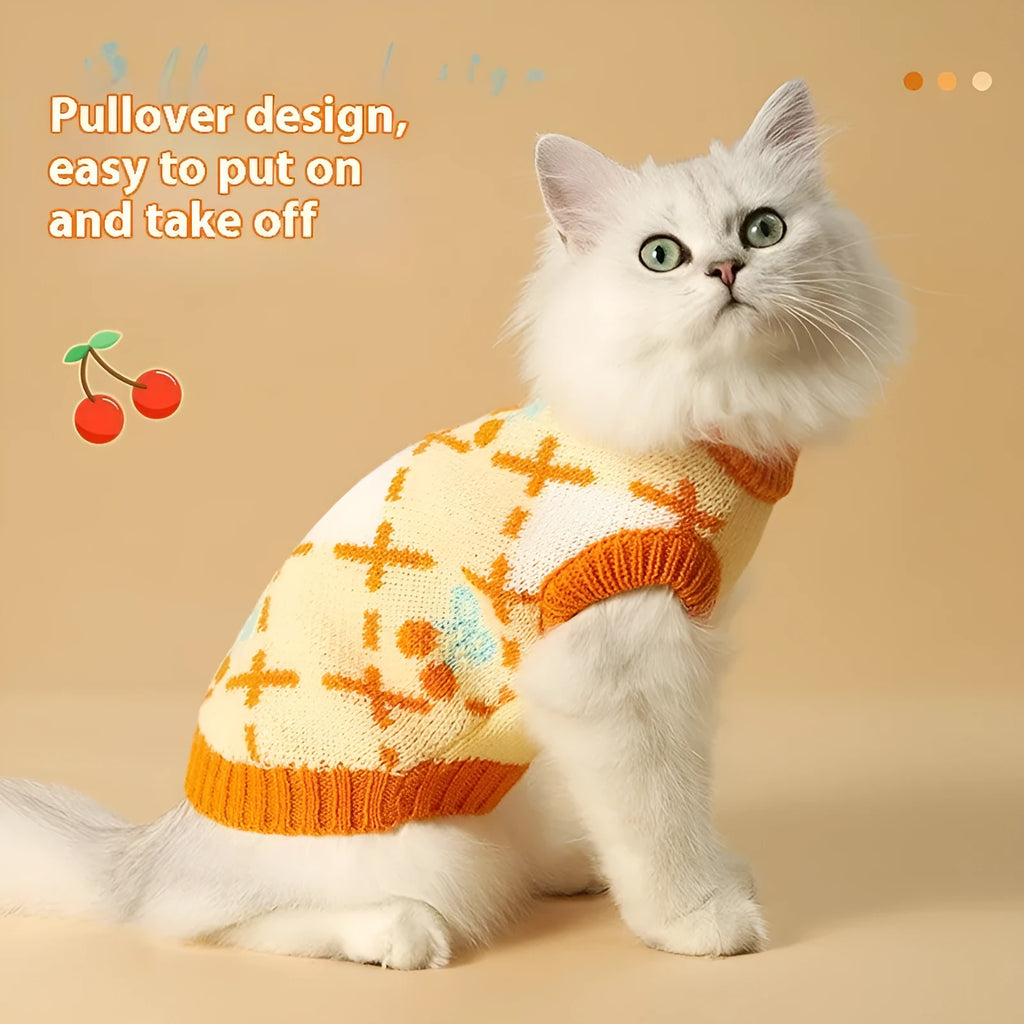 Orange cherry pattern cat sweater for autumn and winter wear, shown in pet clothing context.