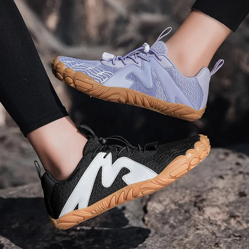 A pair of sports climbing shoes with a breathable Flyknit lining and rubber outsole.