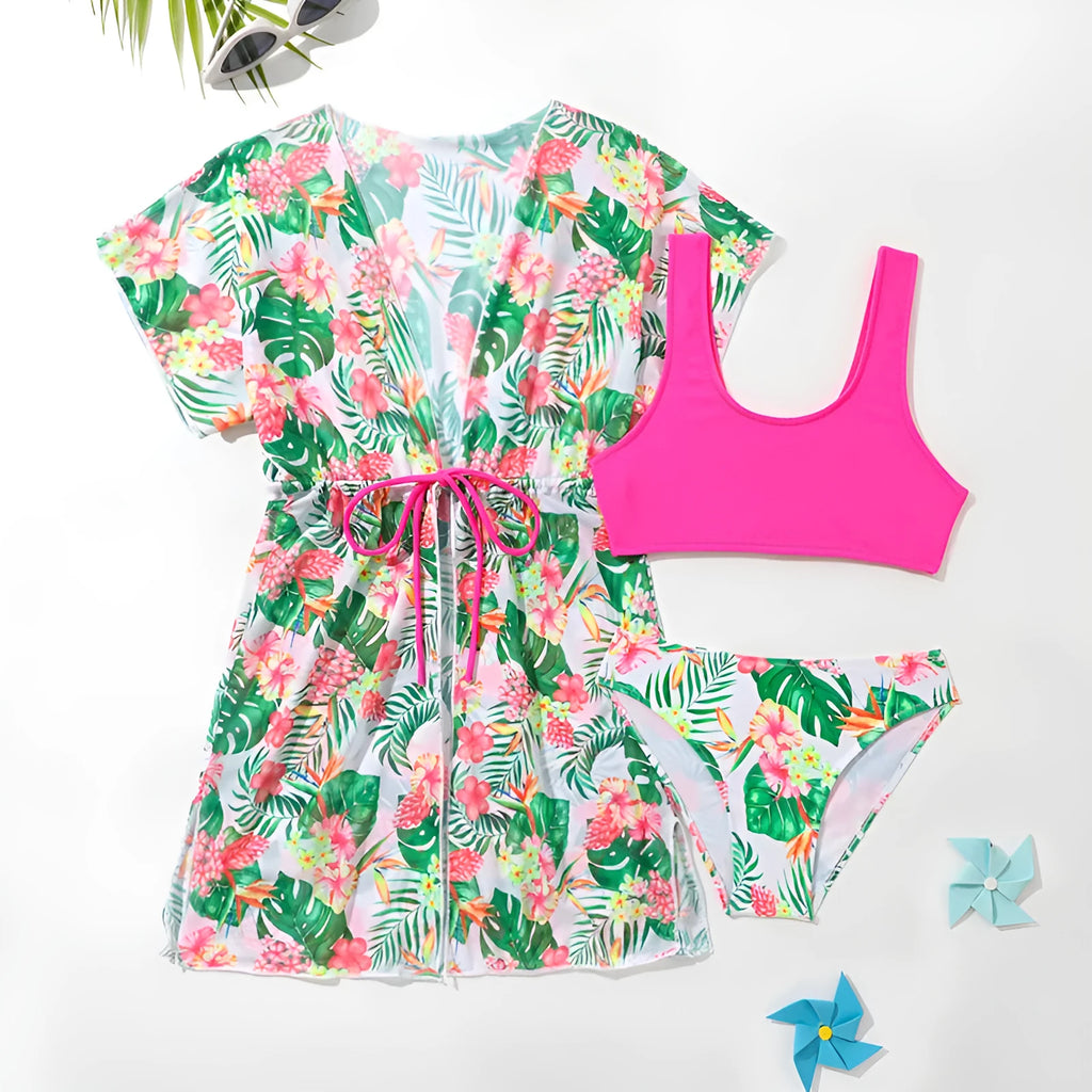 Girls' floral two-piece polyester swimsuit briefs on a white background.