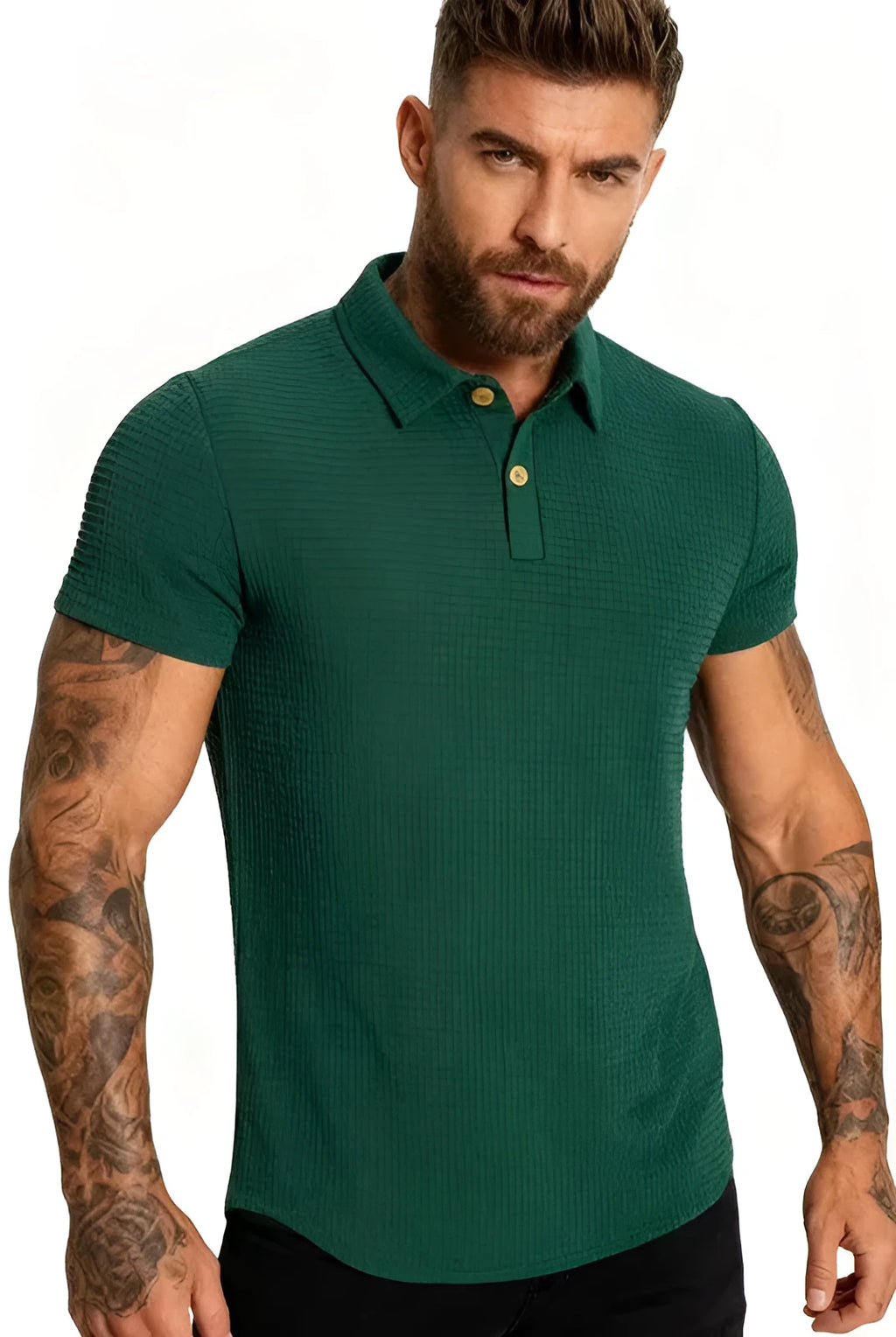 Dark green waffle patterned lapel polo shirt with short sleeves, two round metallic-texture buttons, and slightly arc-shaped hem.