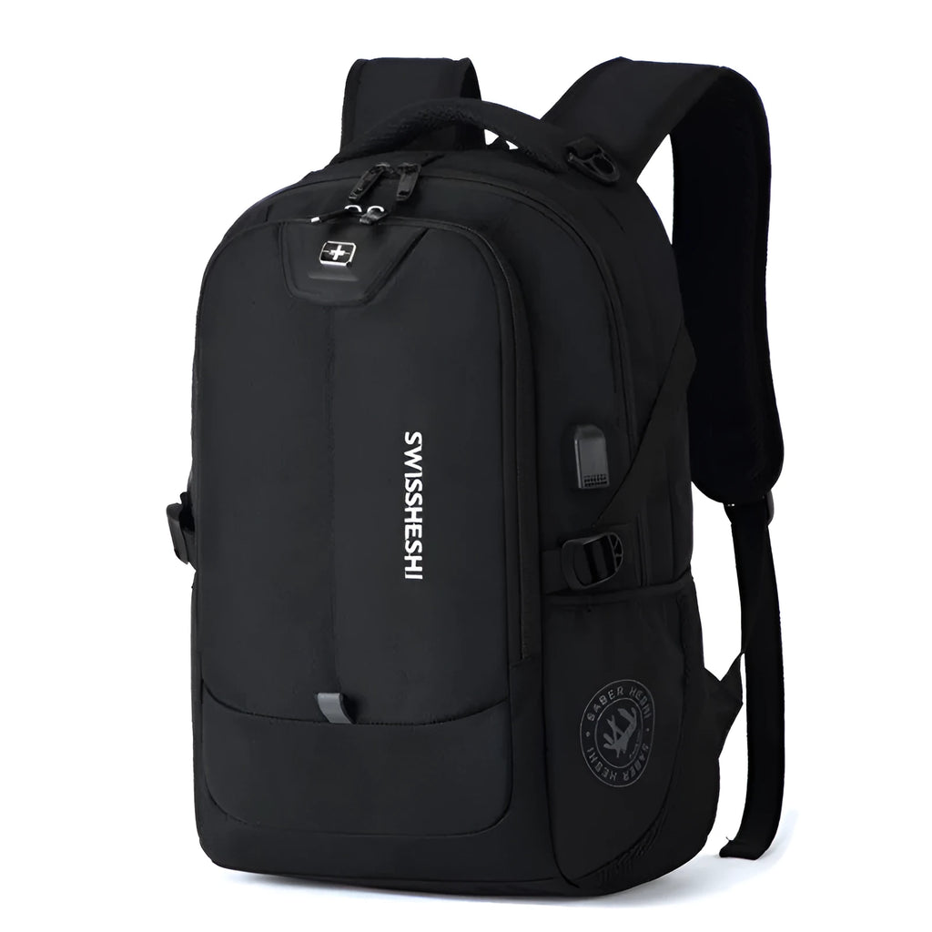 Army Knife black backpack with zipper opening, computer insert bag, and multiple internal pockets for travel
