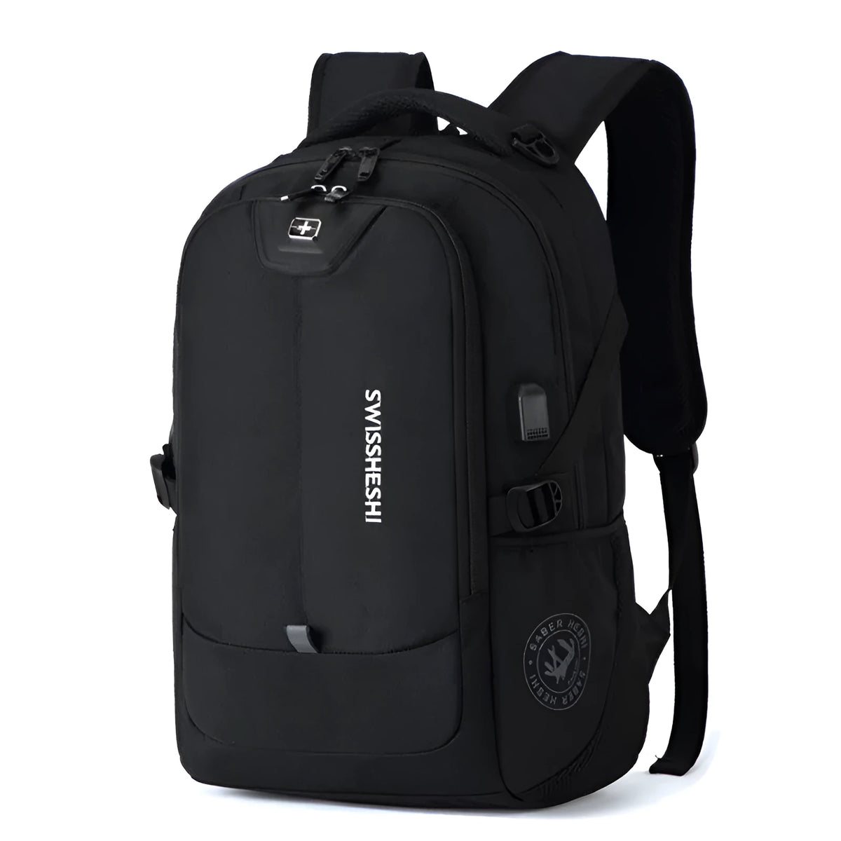 Army Knife black backpack with zipper opening, computer insert bag, and multiple internal pockets for travel