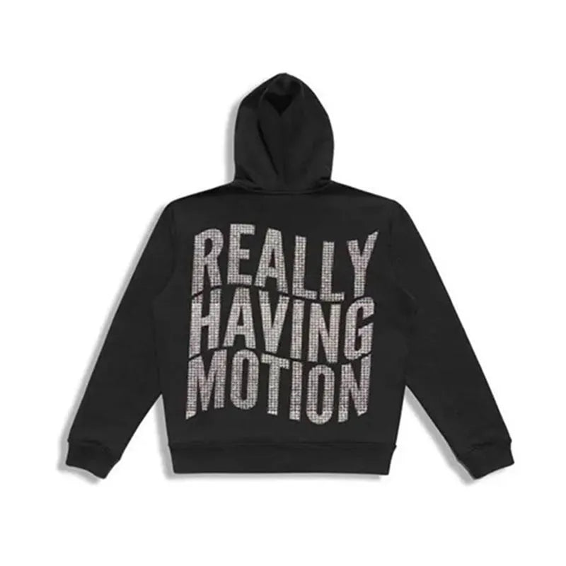 Men's black loose fit hoodie cardigan with letter print and rhinestone detail, zip-up polyester sweater