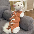 Blue lace-up cat recovery suit on a tabby cat, showing the back closure and full-body fit.