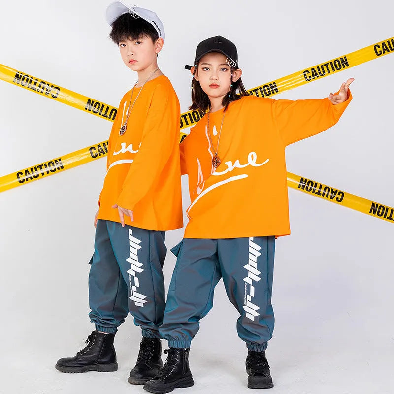 Children's cotton hip-hop clothing set in orange, black, grey-blue or pink, loose dance wear for boys and girls