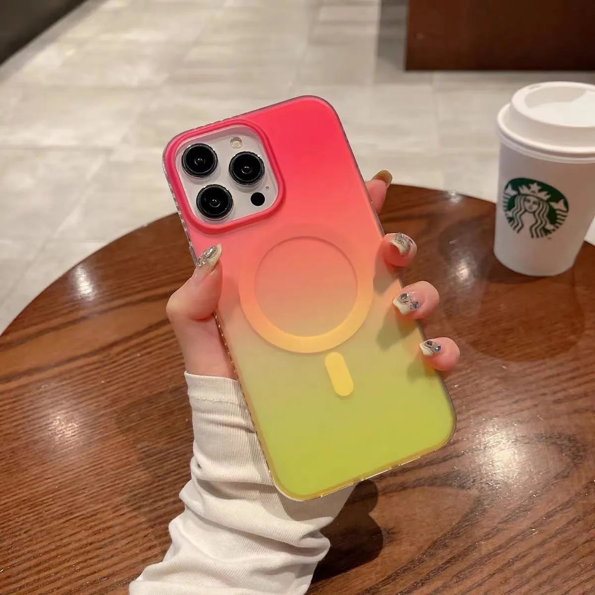 Gradient streamer neon magnetic suction phone case for iPhone in frosted acrylic with red and yellow colour