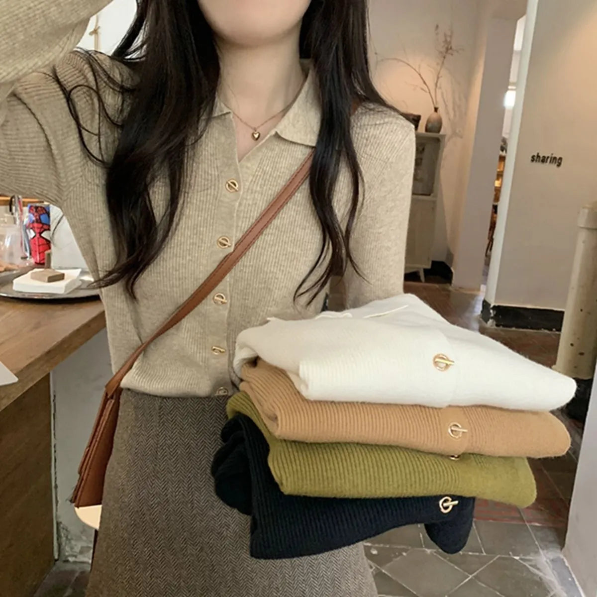 Loose fit long-sleeved knitted cardigan in viscose fibre available in beige, black, green, khaki, or oatmeal colour