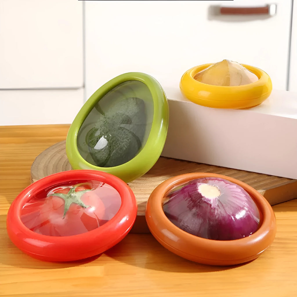 Oval plastic crisper with transparent TPU or silicone film cover for vegetables and fruit, shown in yellow, red, green or brown