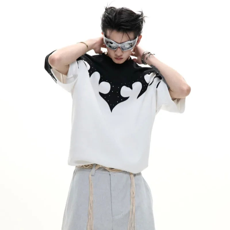Men's grey short sleeve shirt with 3D burnt flower stitching and rhinestone details on a drop-shoulder loose fit.