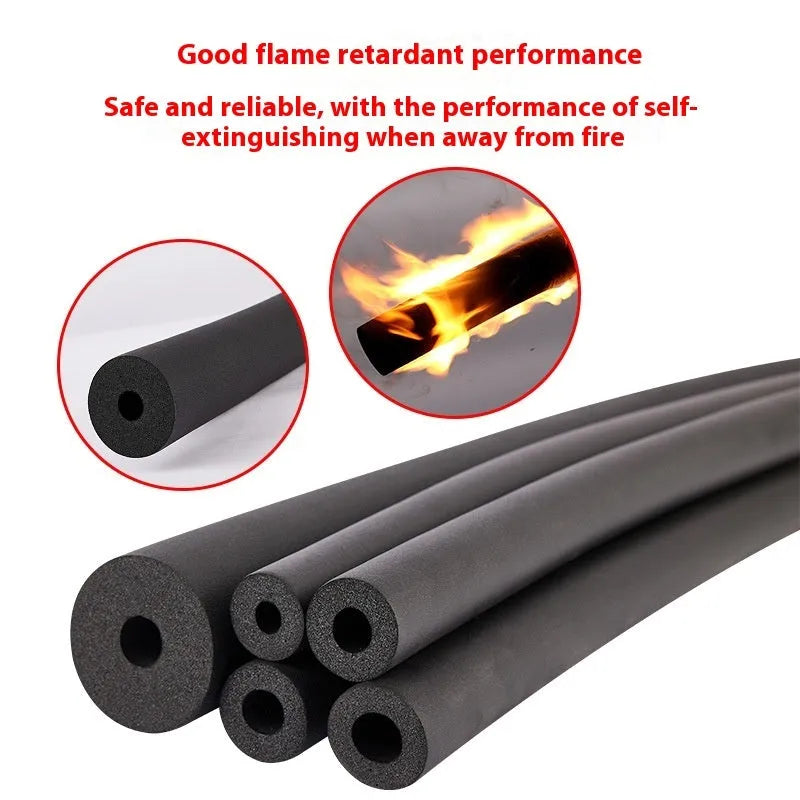 Self-adhesive rubber and plastic foam pipe insulation tube on a coil of pipe.