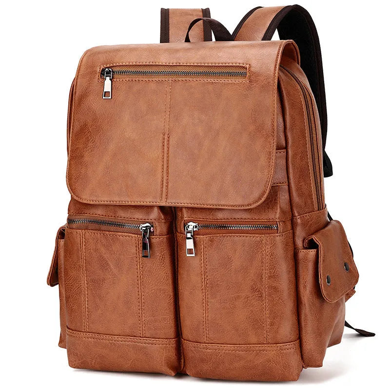 Men's vintage canvas laptop backpack in black with PU leather finish, 14-inch size, sewing thread detailing