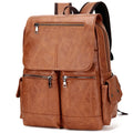 Men's vintage canvas laptop backpack in black with PU leather finish, 14-inch size, sewing thread detailing