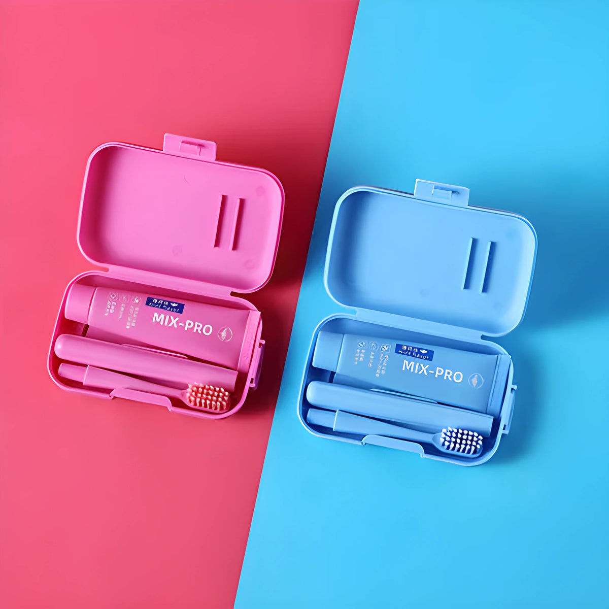 Portable travel toothbrush and toothpaste set for adults in Travel Set Blue or Travel Set Pink.