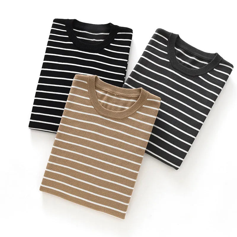 Men's pure cotton striped short sleeve t-shirt in black, gold camel, and gray available in sizes S to XXXL