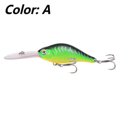 Little Fat Man Deep Diving Mino fishing lure showing long tongue board and colour options.