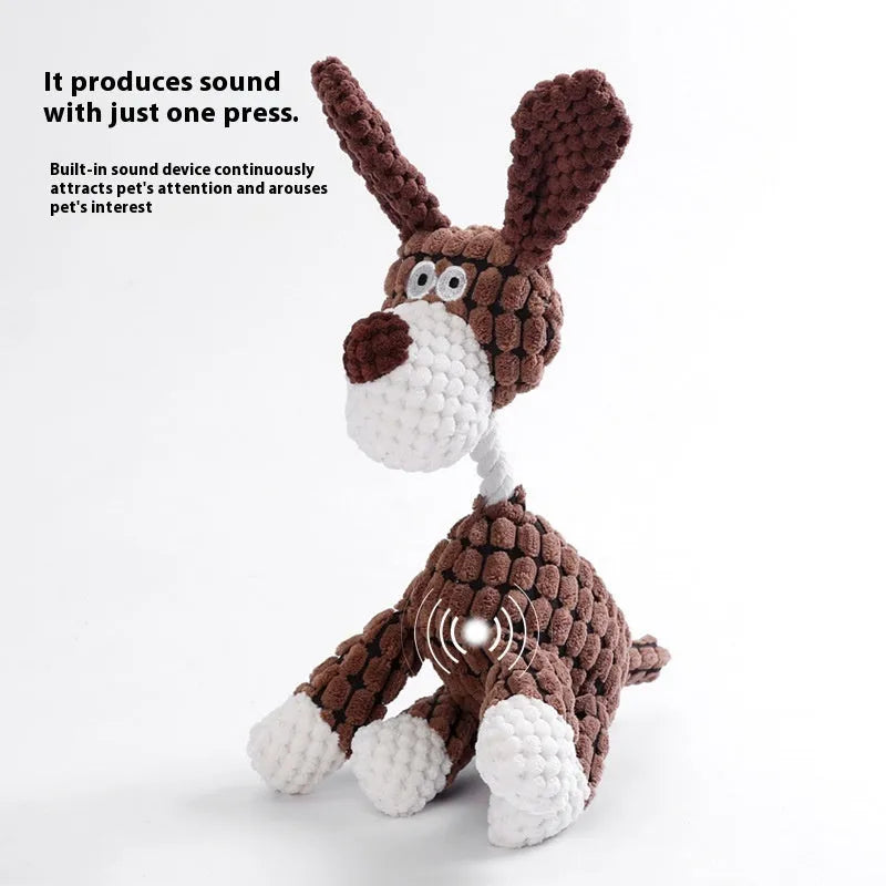 Soft plush puppy toy in character styles including a rechargeable duck, a donkey, a blue elephant, a vertigo dog, and a winky elephant.