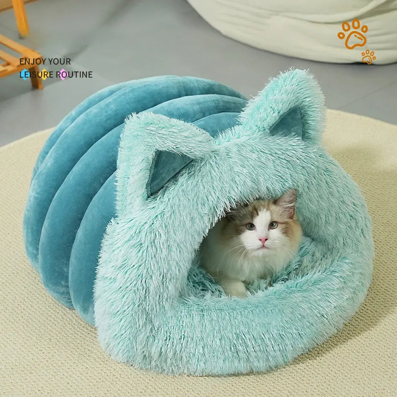 Plush cat dog bed with cat ears decoration and collar in blue gray available in sizes M and L