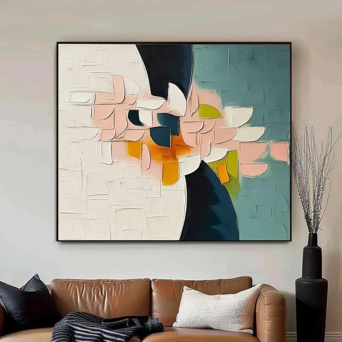 Handmade oil painting canvas with thick 3D palette knife floral design in modern abstract style, rolled unframed