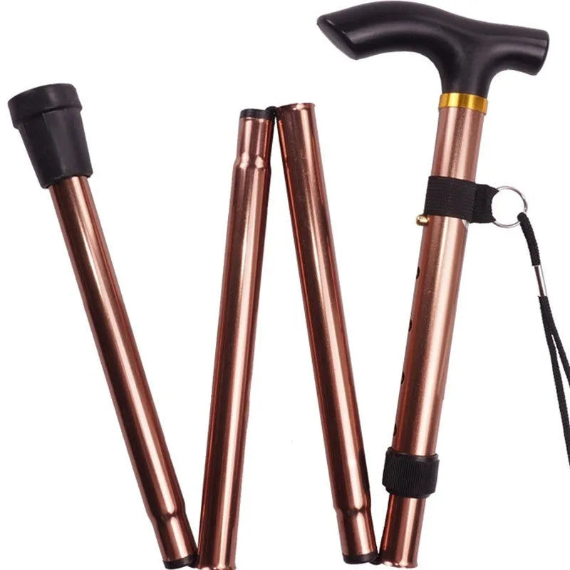 Aluminium alloy folding walking cane with adjustable telescopic shaft and ergonomic handle.