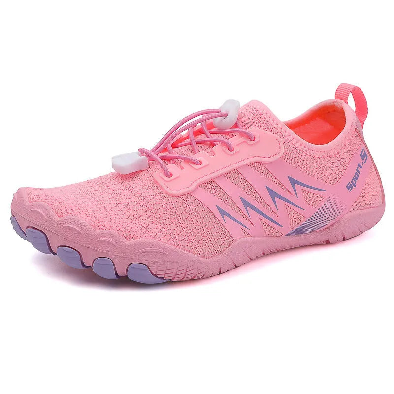 Low-top river tracing shoes in apricot colour with mesh upper and rubber sole.