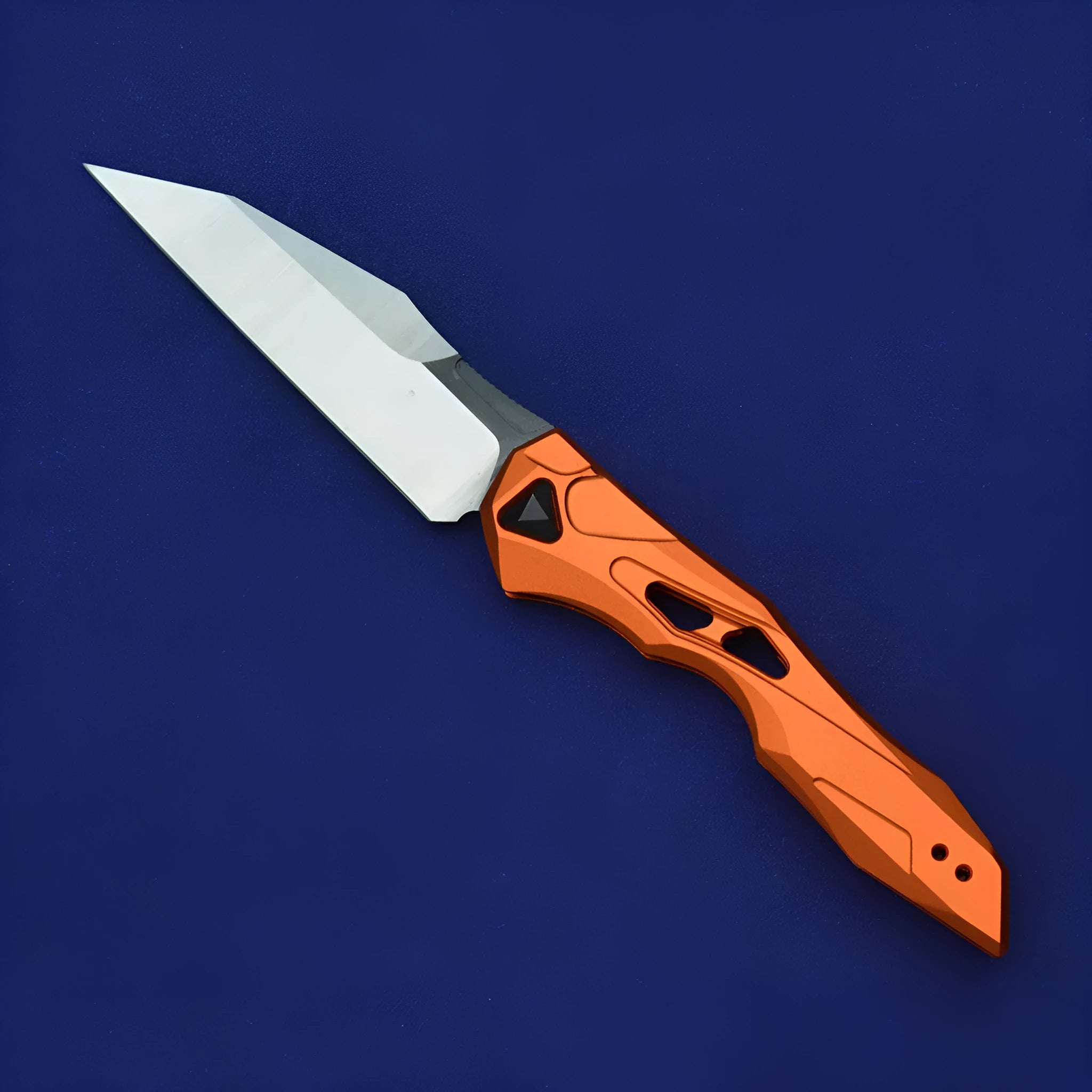 Black folding fruit knife with D2 steel blade and aluminium handle showing open and closed positions