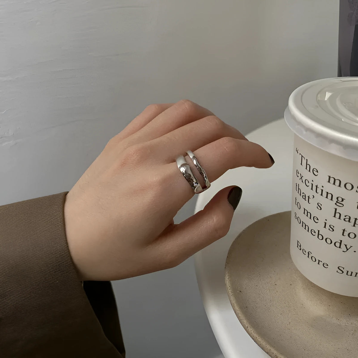 Silver plated dual layer open end ring for women, adjustable fit, shown in J484 silver or gold