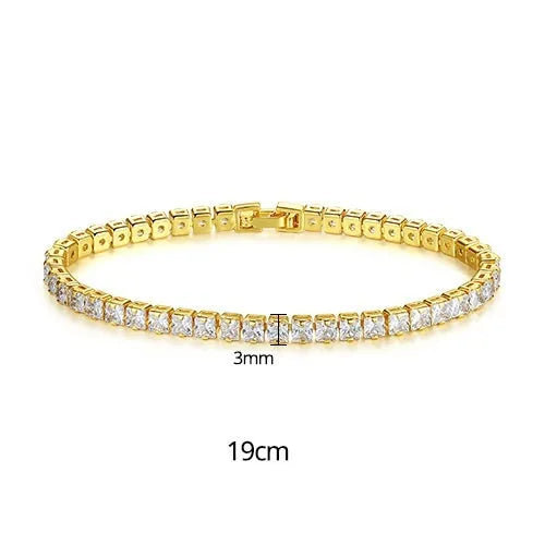 Women's copper tennis bracelet with geometric open-work design and cubic zirconia in gold finish on a light background