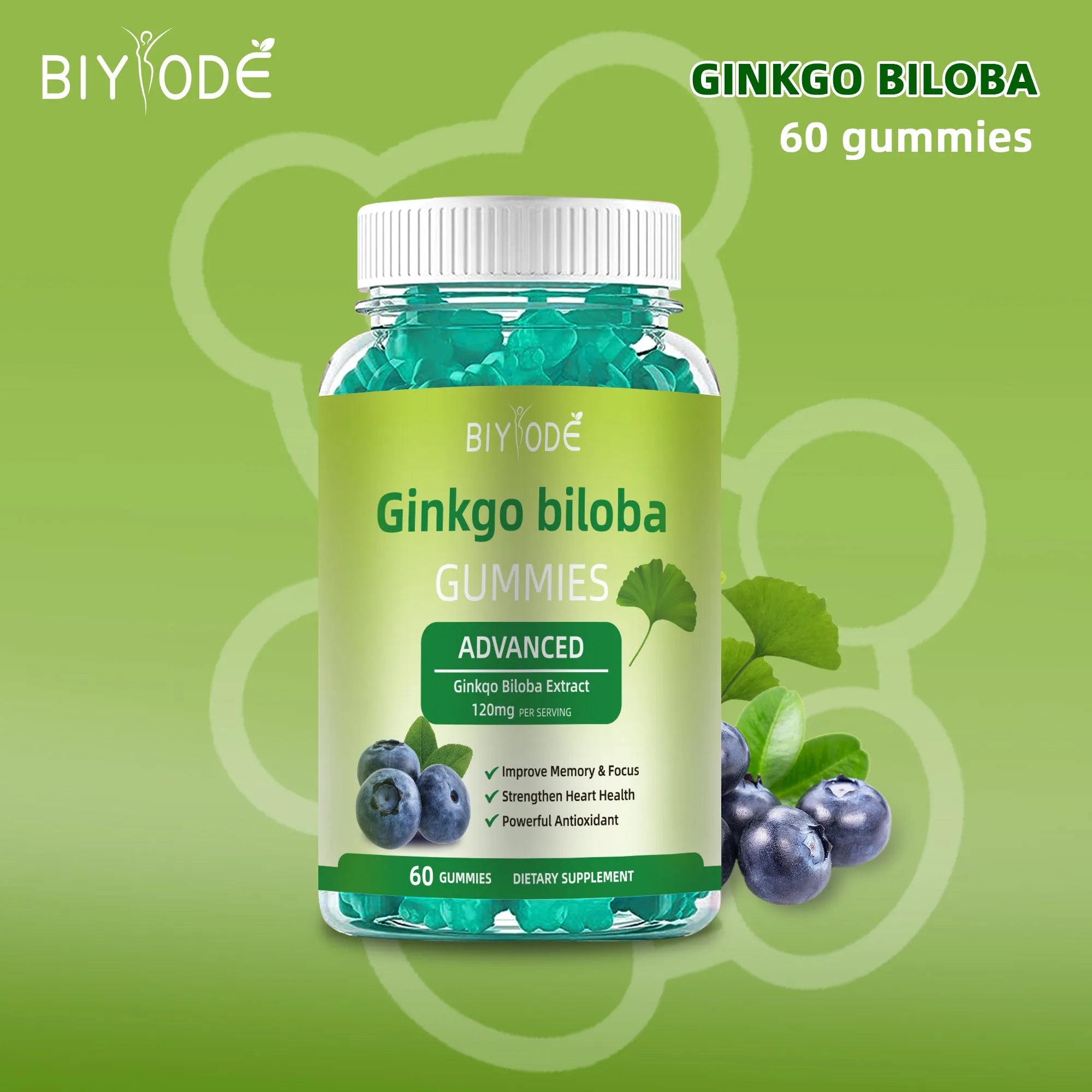 Ginkgo biloba gummies bottle with 60 gummies for memory and focus support herbal supplement