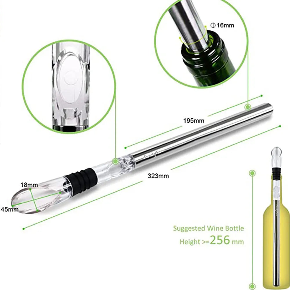 Stainless steel wine chilling rod with integrated drip-free pourer and aerator, shown in silver finish