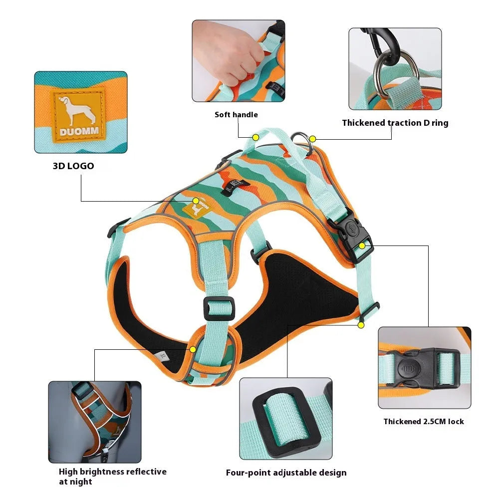 Reflective dog harness and lead in oxford cloth, showing chest and back attachment points and hand-holding rope.