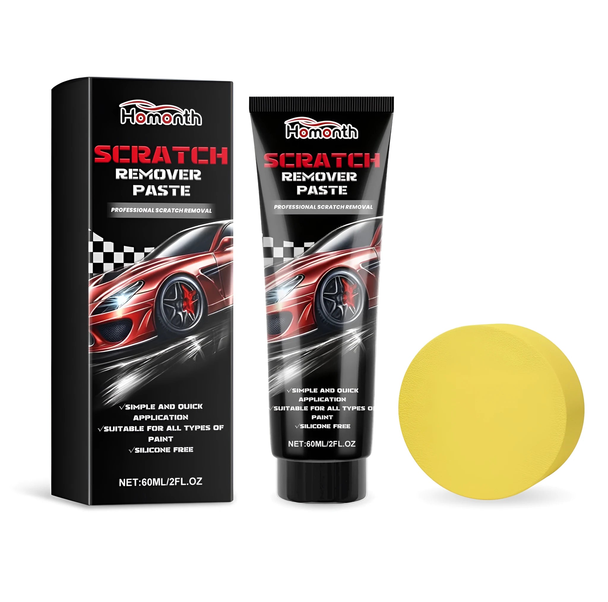 Scratch remover paste in 5.5cm diameter plastic bottle with square applicator sponge for car interior surfaces