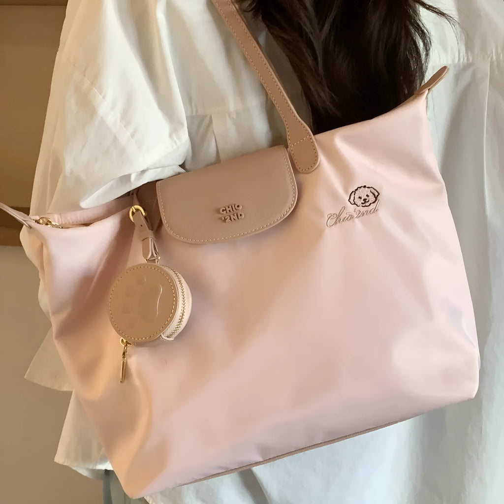 Oxford cloth tote shoulder bag with sandwich pocket in macaron pink colour option