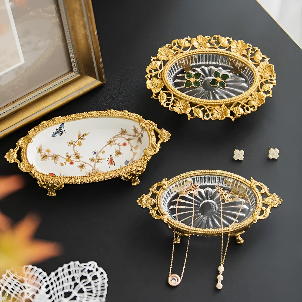 Carved crystal decorative tray, aluminium alloy jewellery storage dish, Versailles style, two colour options