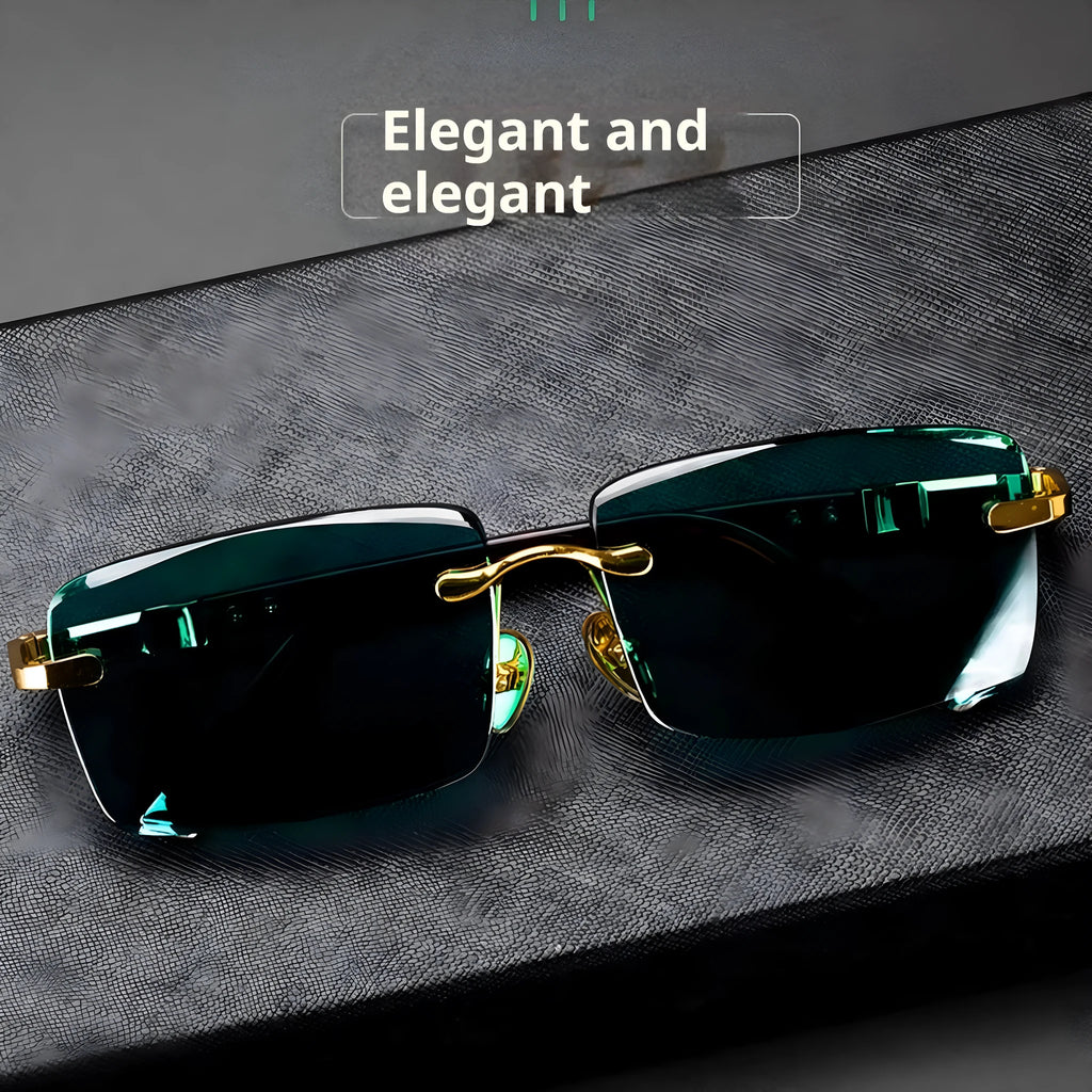 Frameless dark green crystal glasses with case and lens cloth, sunshade eyewear set