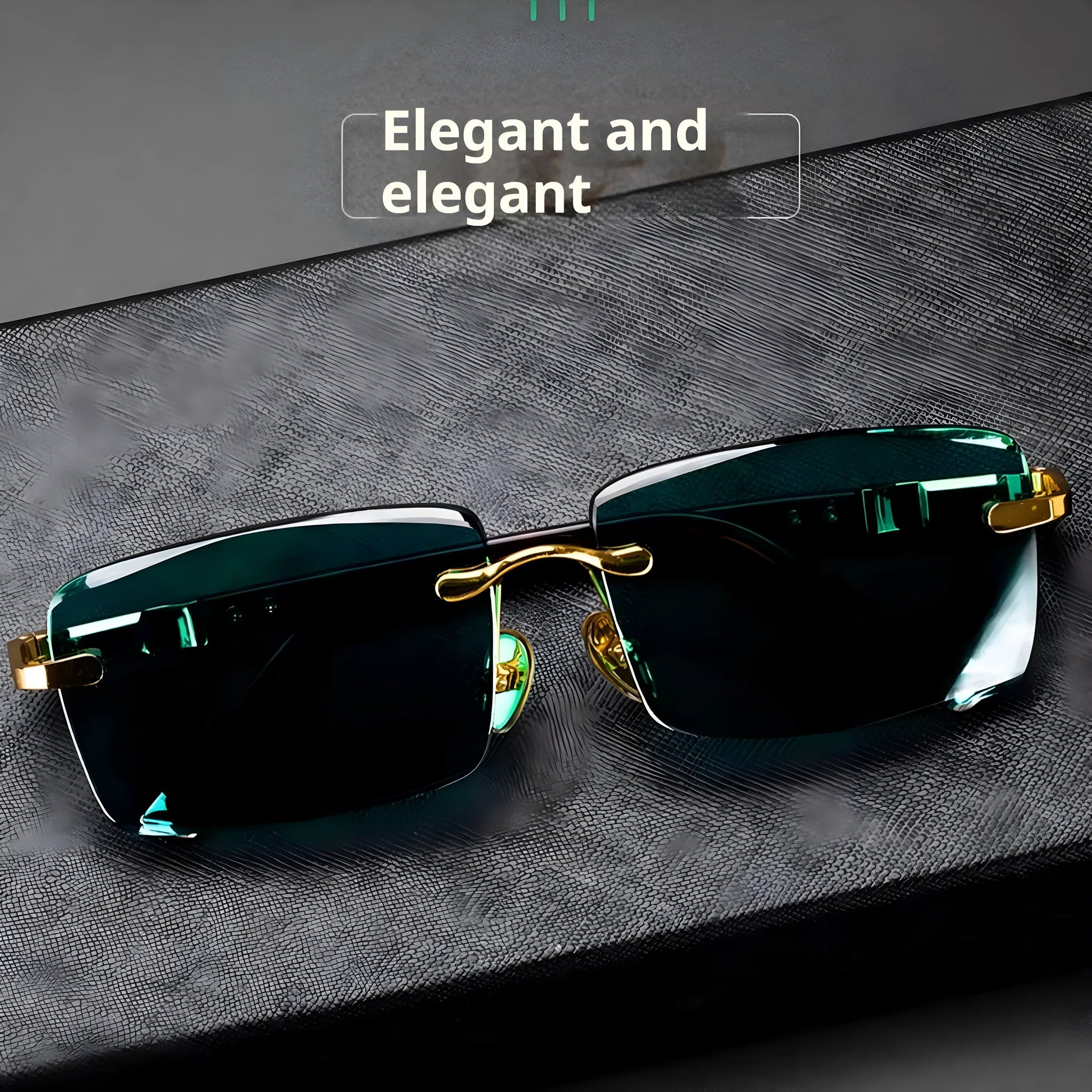 Frameless dark green crystal glasses with case and lens cloth, sunshade eyewear set