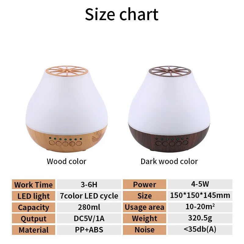USB-powered ultrasonic essential oil aroma diffuser with wood grain finish and colourful LED lighting effects