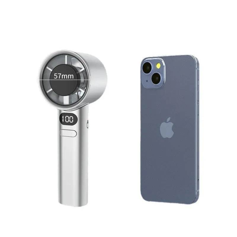 A handheld USB rechargeable fan with variable speed control in a choice of colours.