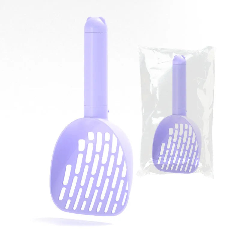 White ABS plastic cat litter scoop with a stand-up base and hidden bag storage compartment.