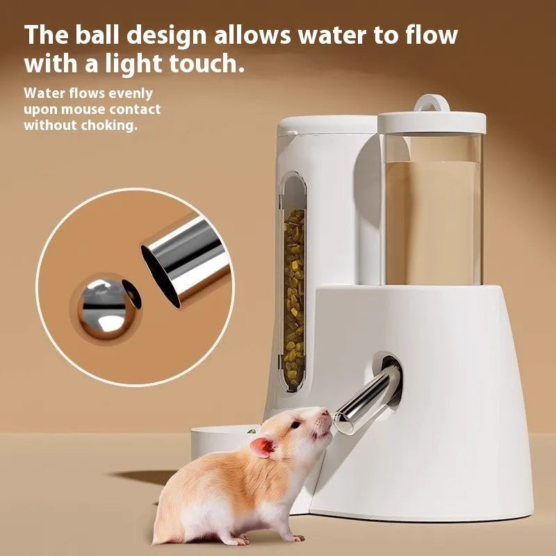 White automatic hamster water feeder and food bowl for dwarf hamsters on cage floor.