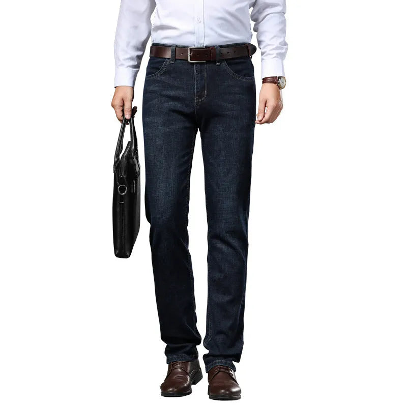 Stretch jeans in black or blue with straight-leg business casual styling for autumn winter wear