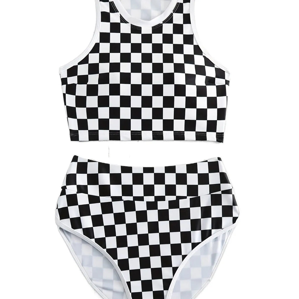 Adult female backless racing swimsuit with suspender straps in checkerboard print pattern