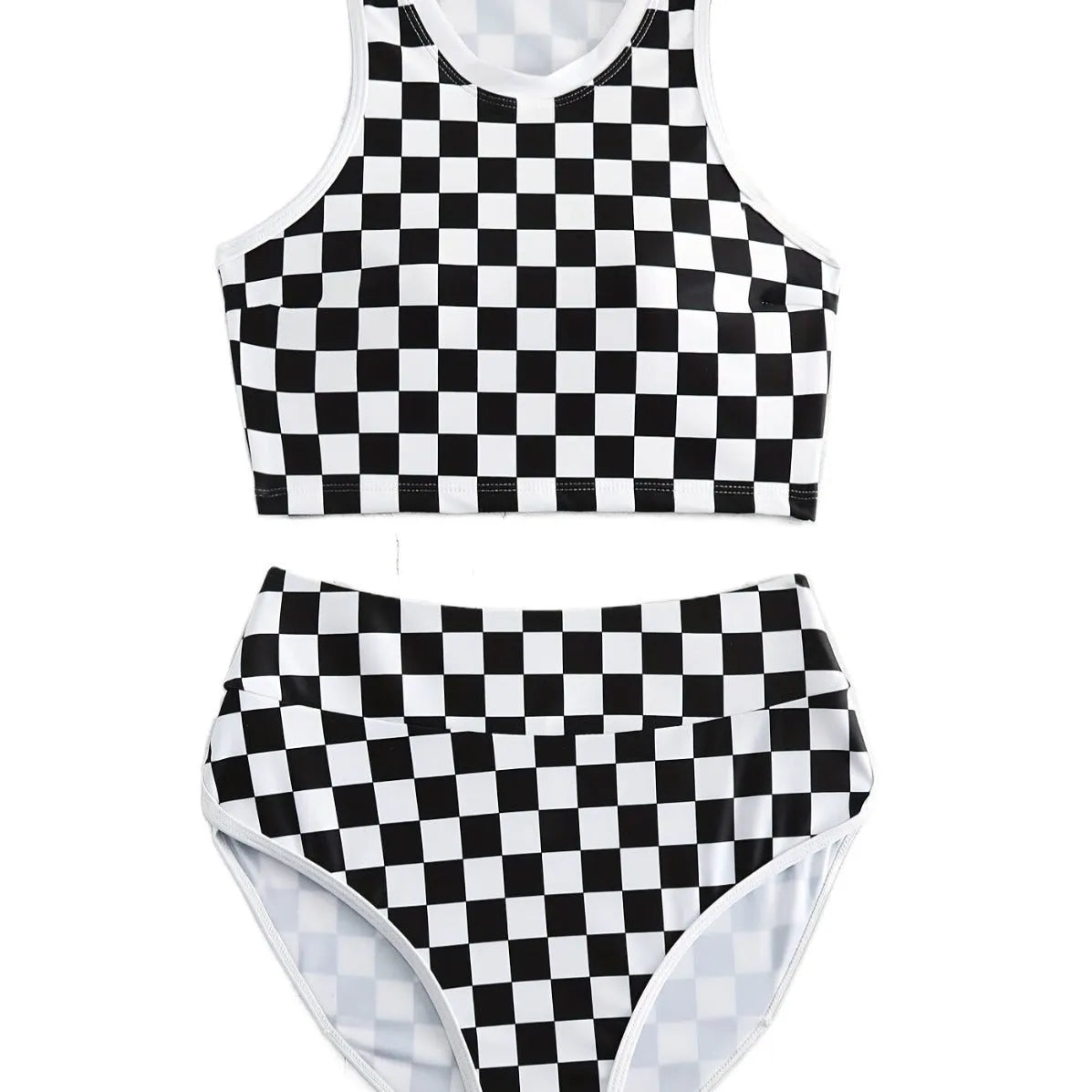 Adult female backless racing swimsuit with suspender straps in checkerboard print pattern