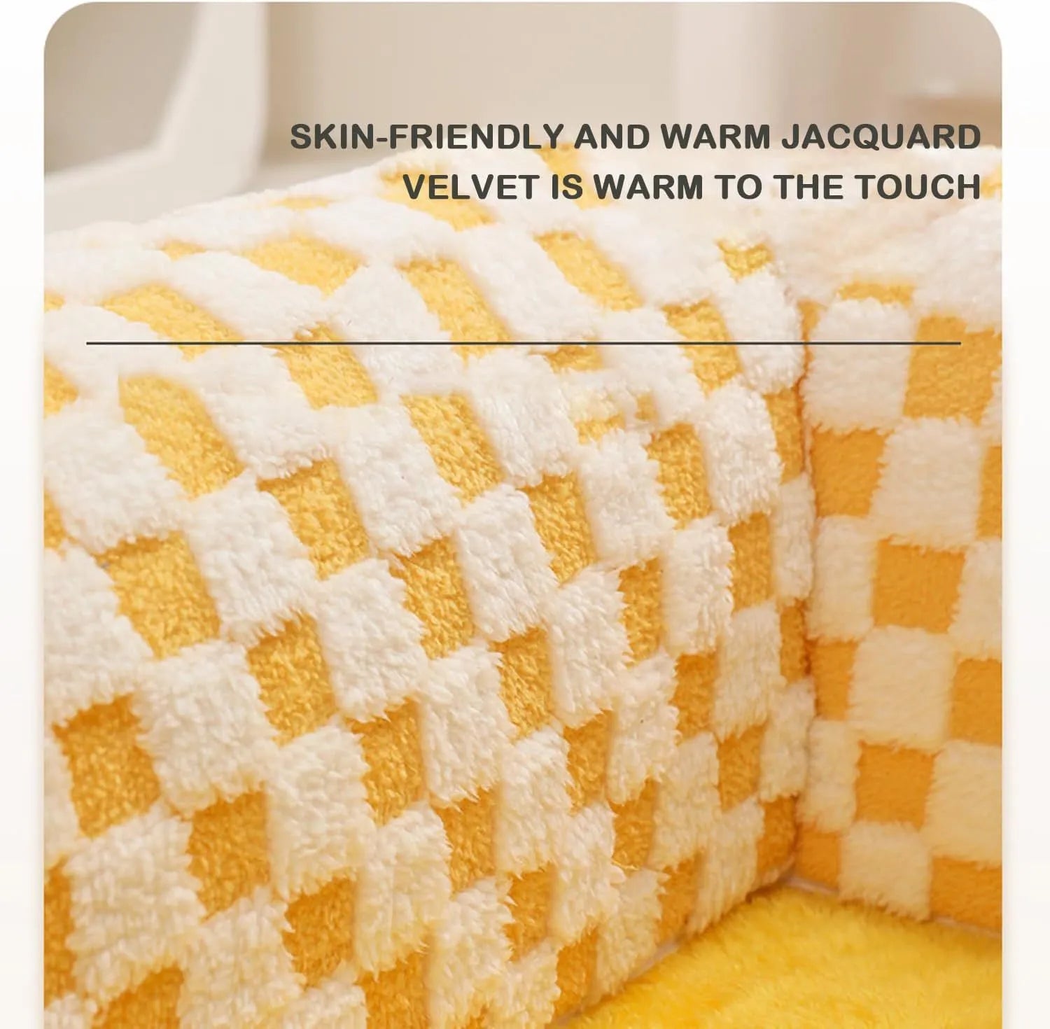 XL plush dog and cat bed with an attached tunnel in a plaid design, showing coffee colour and granular anti-slip bottom.