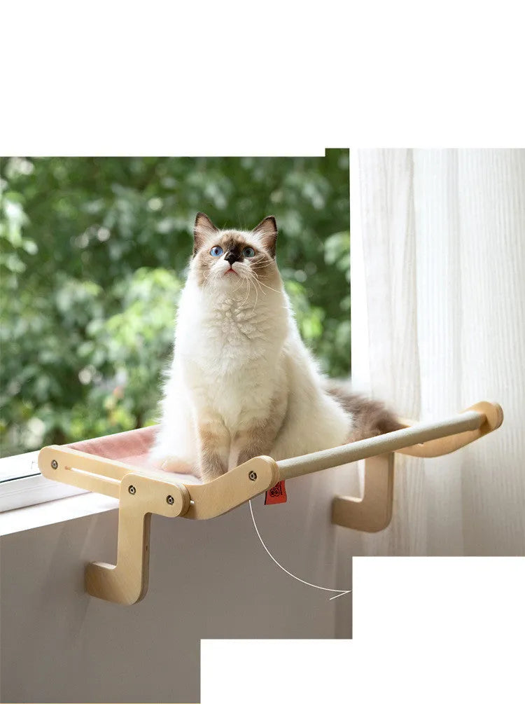 Cat hanging bed with wooden frame in grey powder colour, size 470x395x215mm
