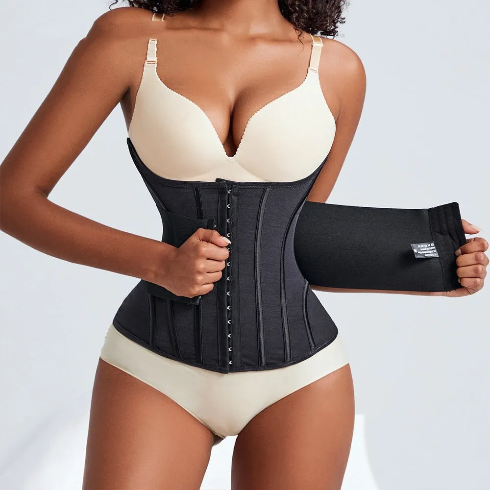 Nylon belly band waist training belt shown in black and apricot colours with a belt tie.