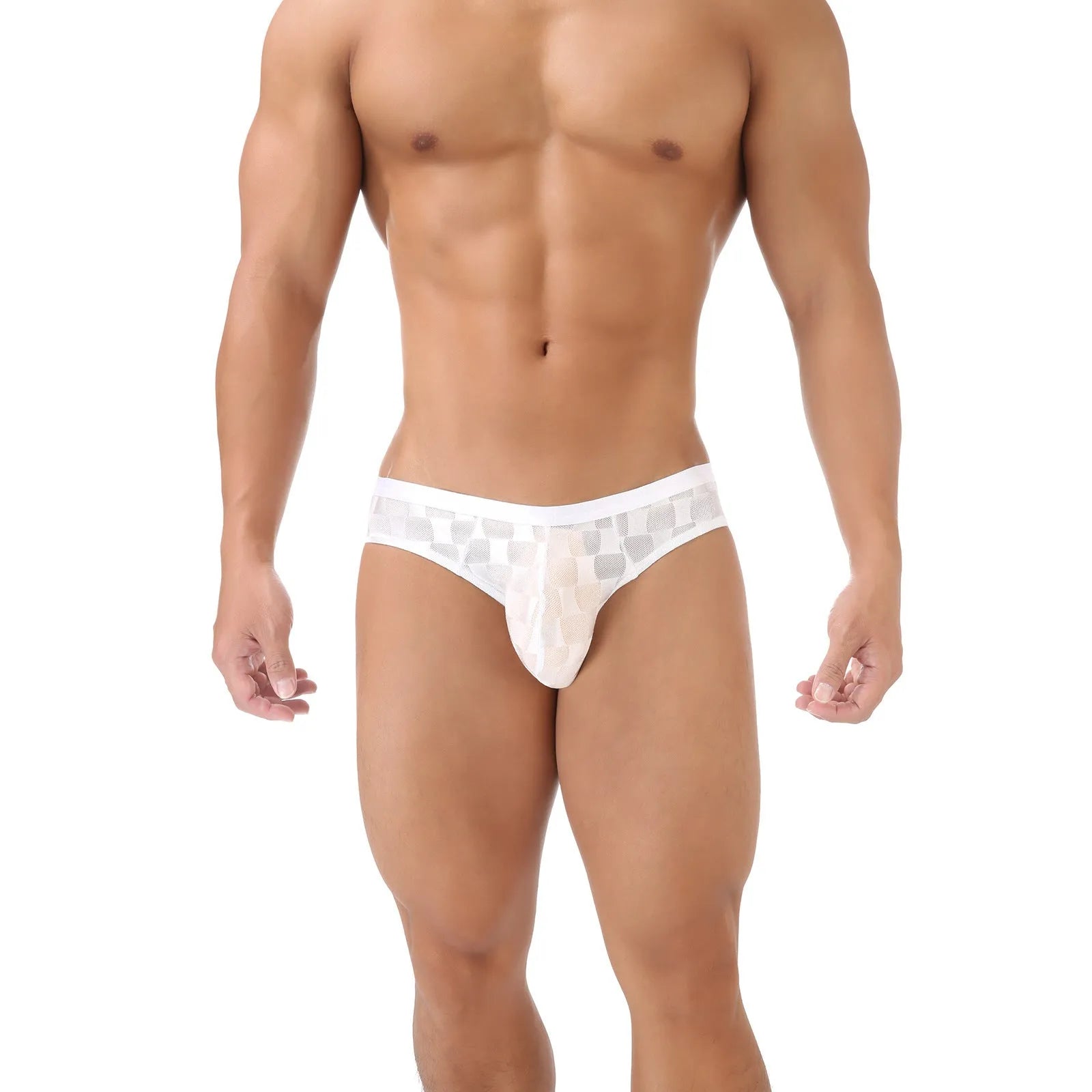 Men's black and white plaid mesh underpants with U-convex design on mannequin