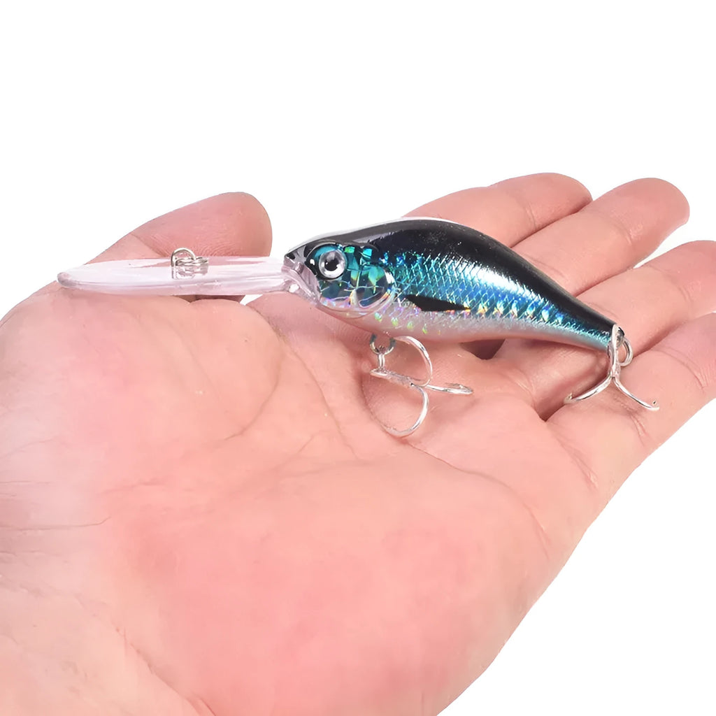 Little Fat Man Deep Diving Mino fishing lure showing long tongue board and colour options.